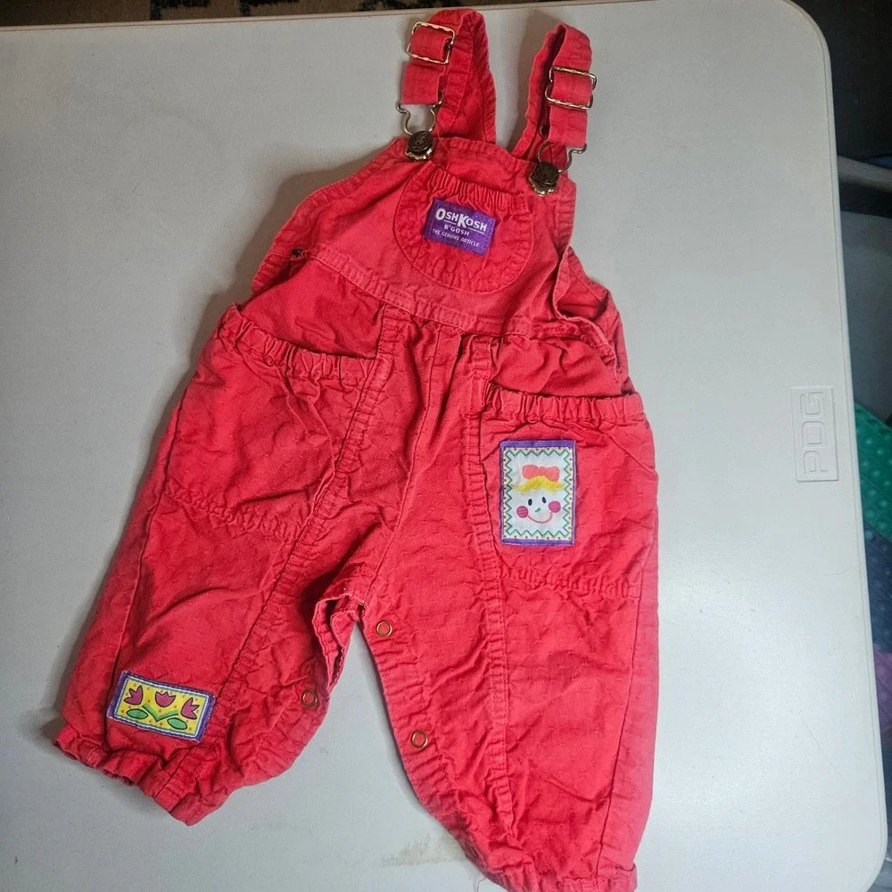Vintage OshKosh Bgosh Red Cotton Vestbak Overalls 18M USA Made Embroidered Patch
